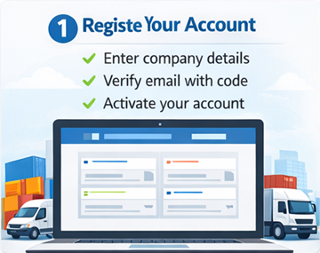 Registreringsskjema for transportører på ExusTrans med bedriftsinformasjon, MVA-nummer og e-postaktivering